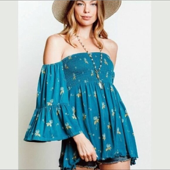 Free People Tops - NWT Free People Blue Lana Off the Shoulder Smocked Babydoll Top Size Small S